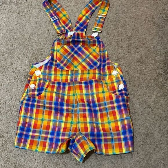 We Wore What Women's S Rainbow Overalls Short Romper Colorful Plaid Bold New - Picture 1 of 12